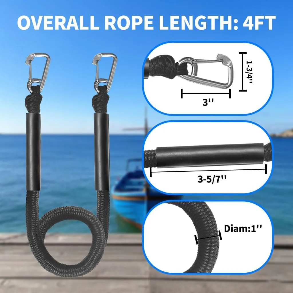 Bungee Boat Dock Line, Boat Rope Mooring Rope with Double 316 Stainless Steel Clips Accessories for Bass Boat, Jet Ski, Kayak, Pontoon, Watercraft, Waverunner, SeaDoo, Canoe,2Packs,4-6FT,Black