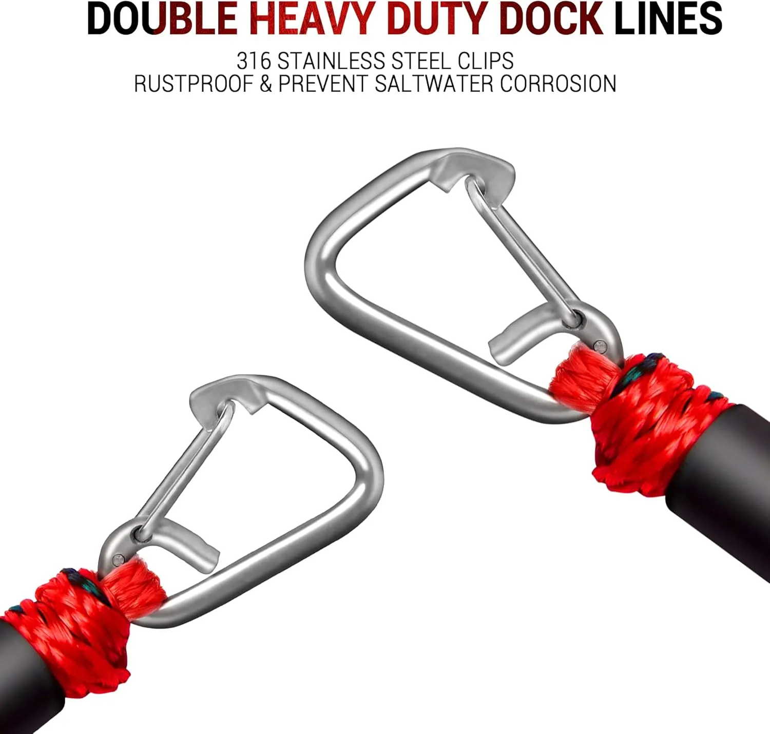 Bungee Dock Line Boat Accessories - Double 316 Stainless Steel Clip for Pontoon, Jet Ski (4ft & 4ft)