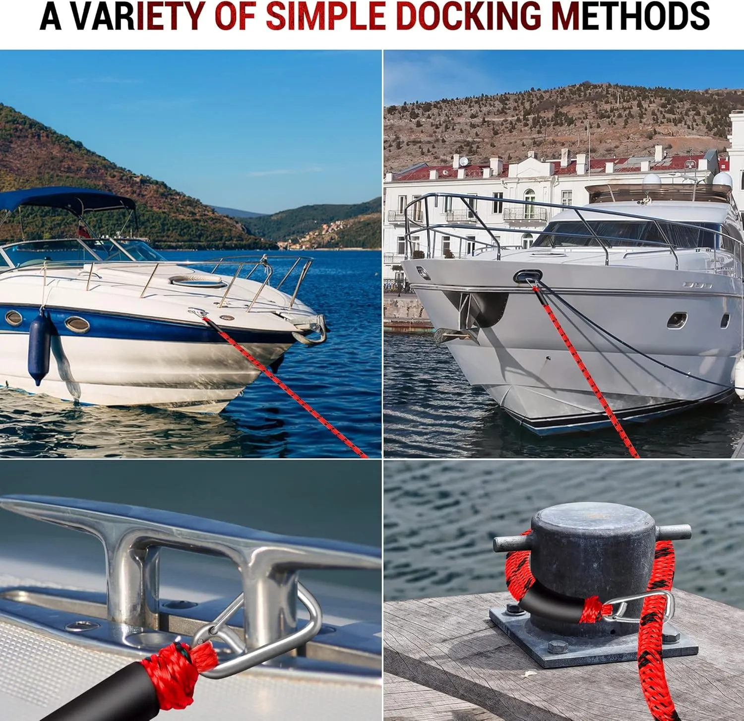 Bungee Dock Line Boat Accessories - Double 316 Stainless Steel Clip for Pontoon, Jet Ski (4ft & 4ft)