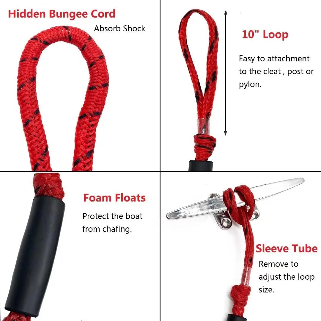 Bungee Dock Lines for Boat Shock Absorb Dock Tie Mooring Rope Boat Accessories 4-5.5 ft,4Pack (RED&Black spot)