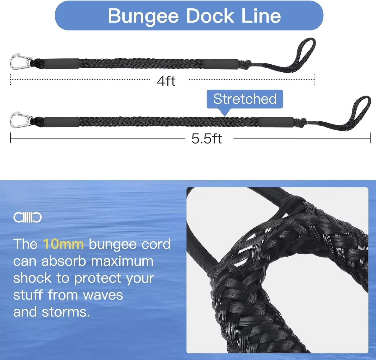 Bungee Dock Lines for Boat,4 PCS Boat Dock Rope with Stainless Steel Clip,Jet Ski Accessories for PWC,Kayak,Power Boat(Black,4-5.5ft)