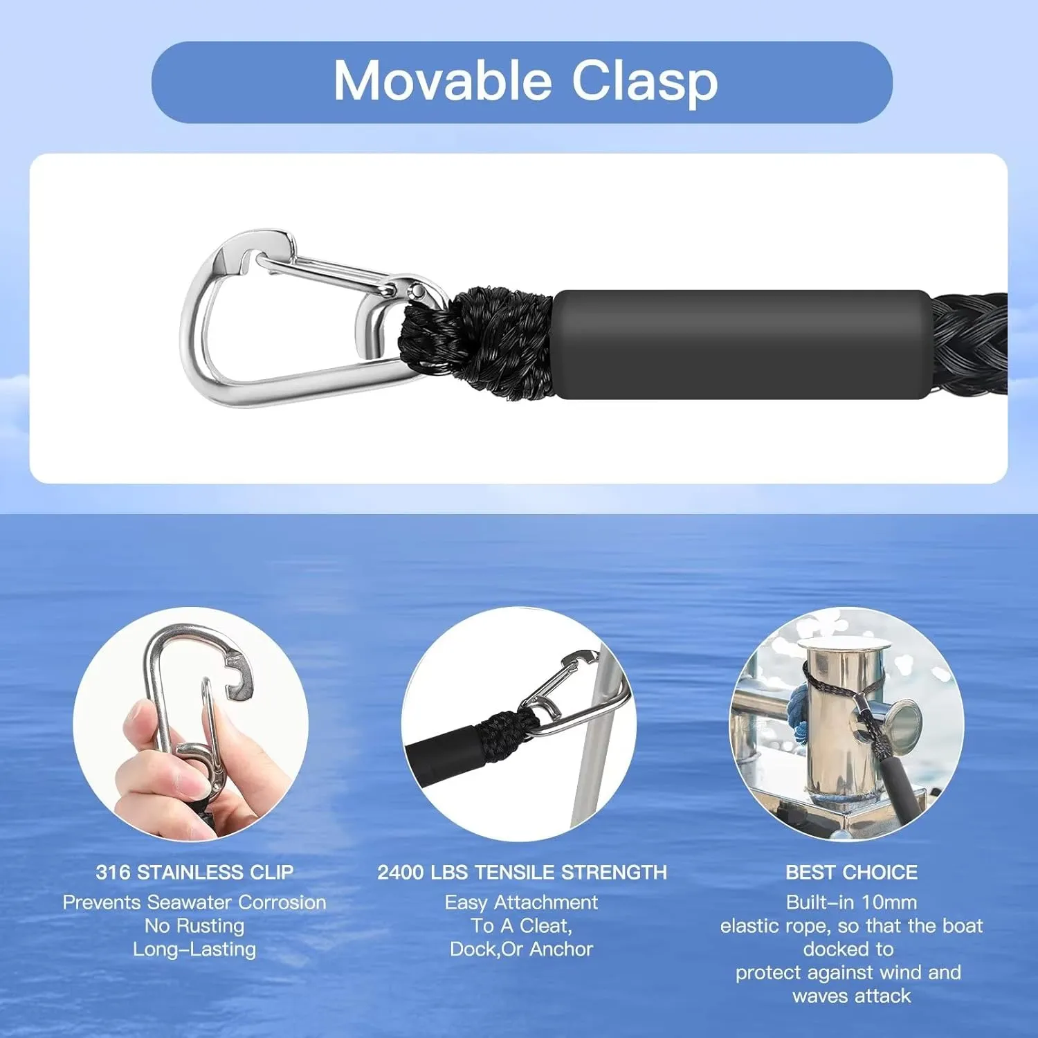 Bungee Dock Lines for Boat,4 PCS Boat Dock Rope with Stainless Steel Clip,Jet Ski Accessories for PWC,Kayak,Power Boat(Black,4-5.5ft)