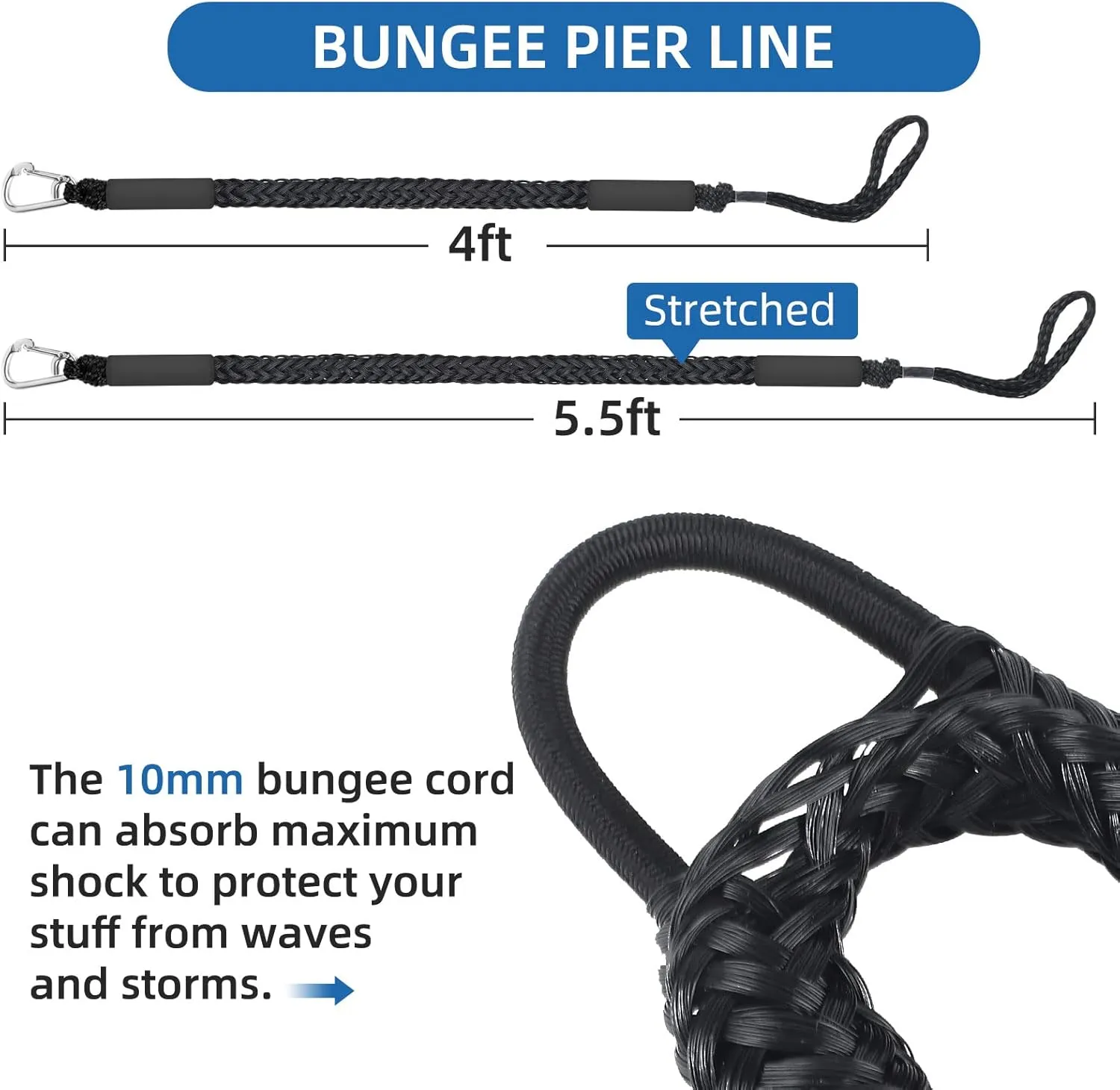 Bungee Dock Lines with Clip Boat Accessories Mooring Rope with Foam Float Perfect for Jet Ski, SeaDoo, Yamaha WaveRunner, Kayak, Pontoon(4ft -5.5ft)-2 Pack