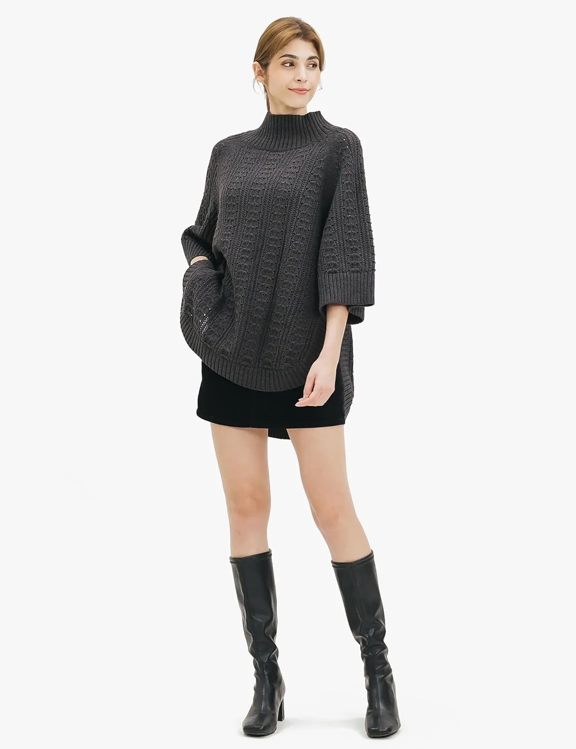 Cable Stitch Women's Rib-Collar Tunic Sweater - Loose Fit Oversized Mock Neck 3/4 Sleeve Pullover Poncho Cover-up Top
