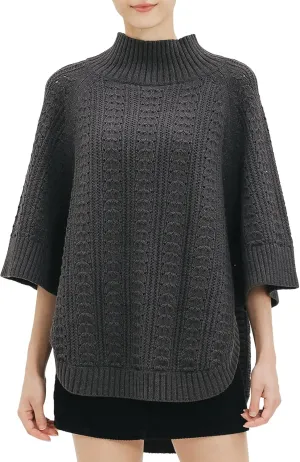 Cable Stitch Women's Rib-Collar Tunic Sweater - Loose Fit Oversized Mock Neck 3/4 Sleeve Pullover Poncho Cover-up Top