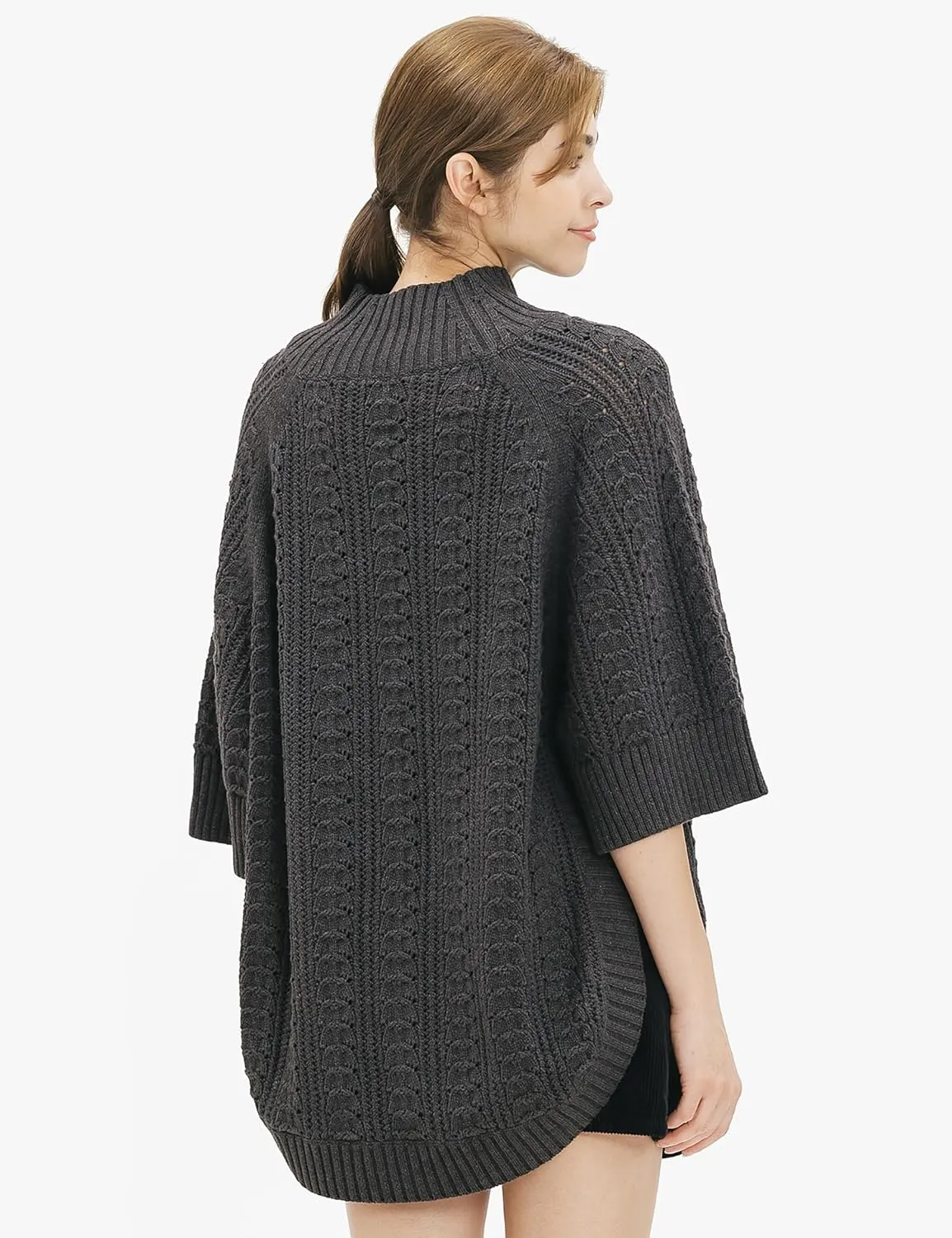 Cable Stitch Women's Rib-Collar Tunic Sweater - Loose Fit Oversized Mock Neck 3/4 Sleeve Pullover Poncho Cover-up Top