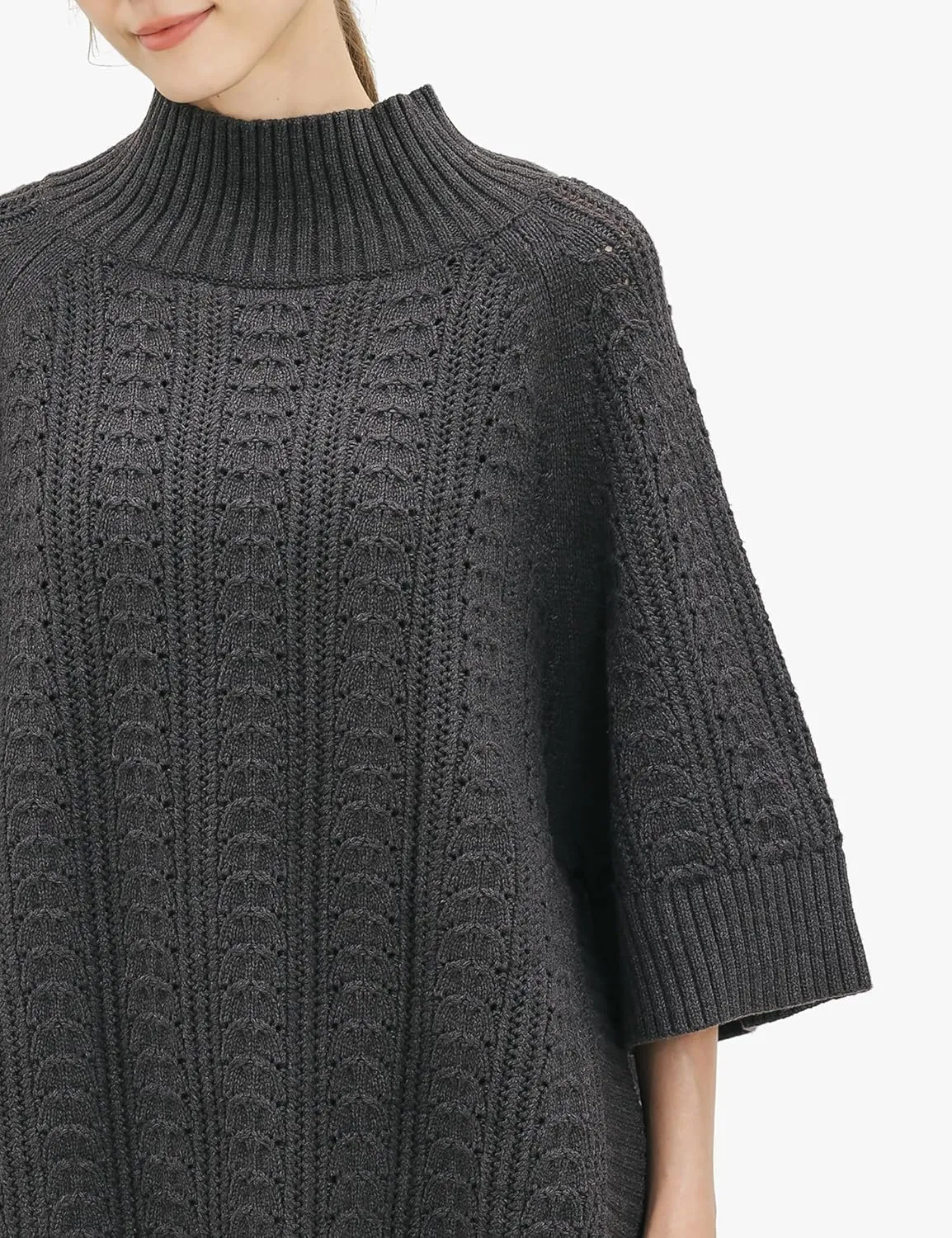 Cable Stitch Women's Rib-Collar Tunic Sweater - Loose Fit Oversized Mock Neck 3/4 Sleeve Pullover Poncho Cover-up Top