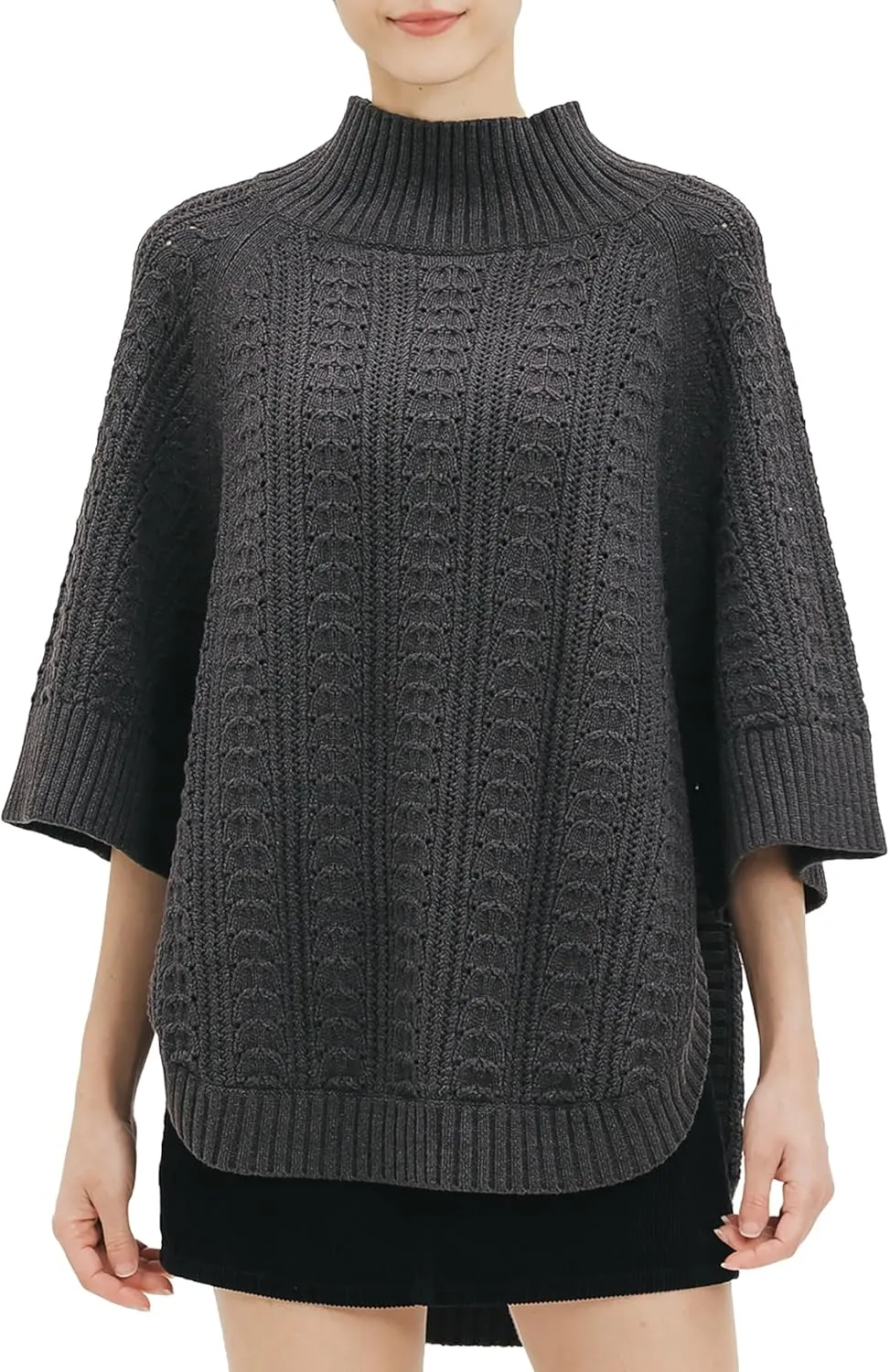 Cable Stitch Women's Rib-Collar Tunic Sweater - Loose Fit Oversized Mock Neck 3/4 Sleeve Pullover Poncho Cover-up Top