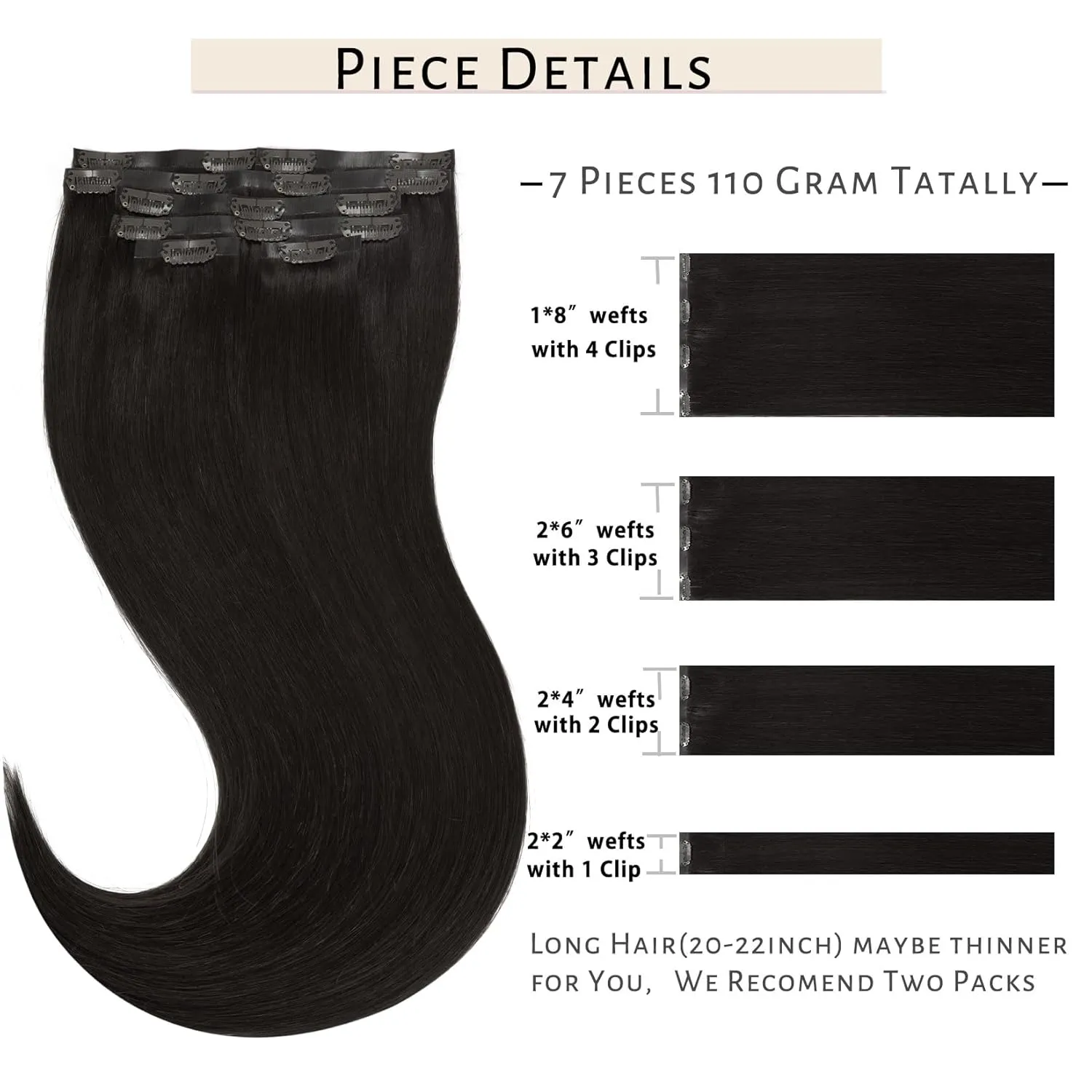 Caliee Seamless Hair Extensions Clip in Human Hair for Women 7Pcs 1B Natural Black Hair Extensions Clip in 110G Double Weft Full Head Not Tangled Silky Clip ins Straight Human Hair 14Inch