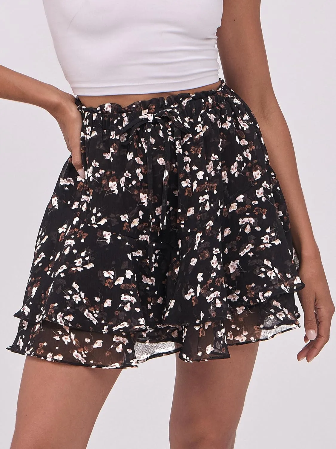 Caracilia Skorts for Women Boho Casual Beach Mini Skirts Summer Floral Ruffle Chiffon Flowy Shorts 2025 Trendy Outfits