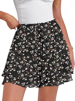 Caracilia Skorts for Women Boho Casual Beach Mini Skirts Summer Floral Ruffle Chiffon Flowy Shorts 2025 Trendy Outfits