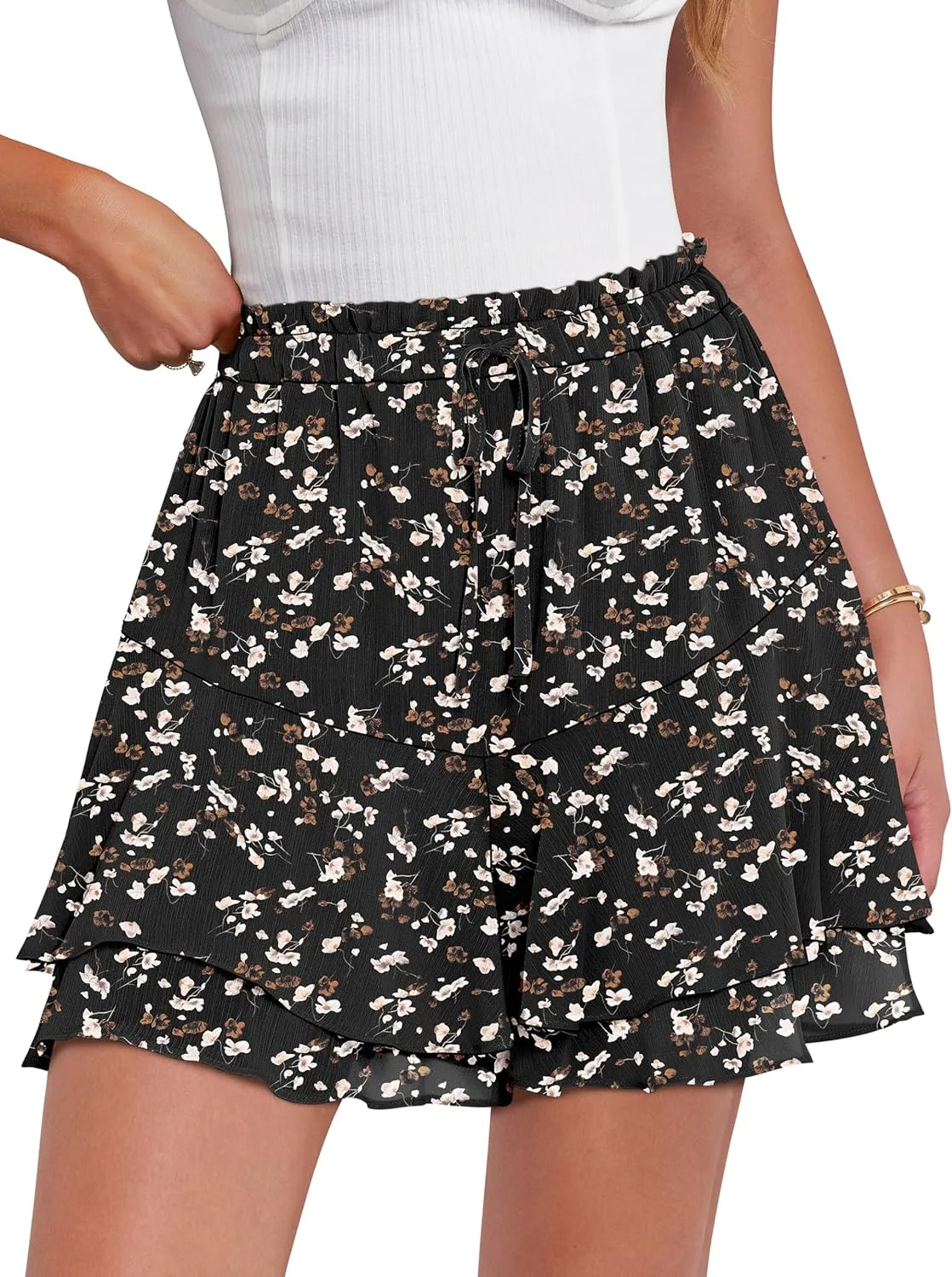 Caracilia Skorts for Women Boho Casual Beach Mini Skirts Summer Floral Ruffle Chiffon Flowy Shorts 2025 Trendy Outfits