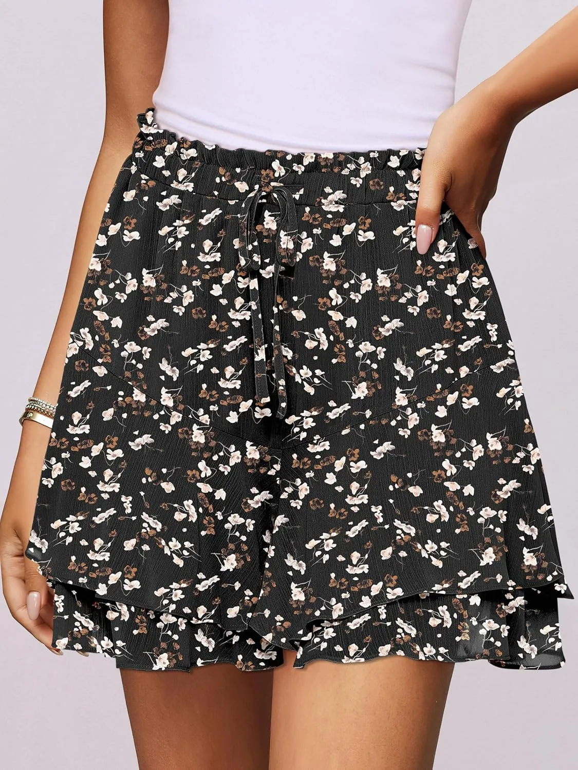 Caracilia Skorts for Women Boho Casual Beach Mini Skirts Summer Floral Ruffle Chiffon Flowy Shorts 2025 Trendy Outfits