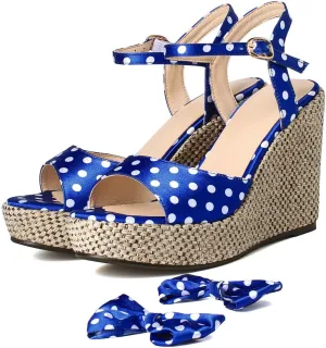 Caradise Womens Polka Dot Wedge Bow Platform Sandals Peep Toe Ankle Strap Heels