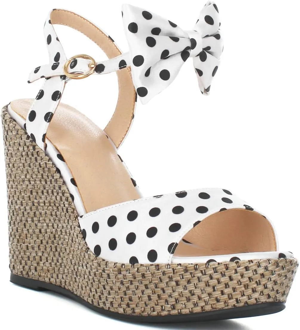 Caradise Womens Polka Dot Wedge Bow Platform Sandals Peep Toe Ankle Strap Heels