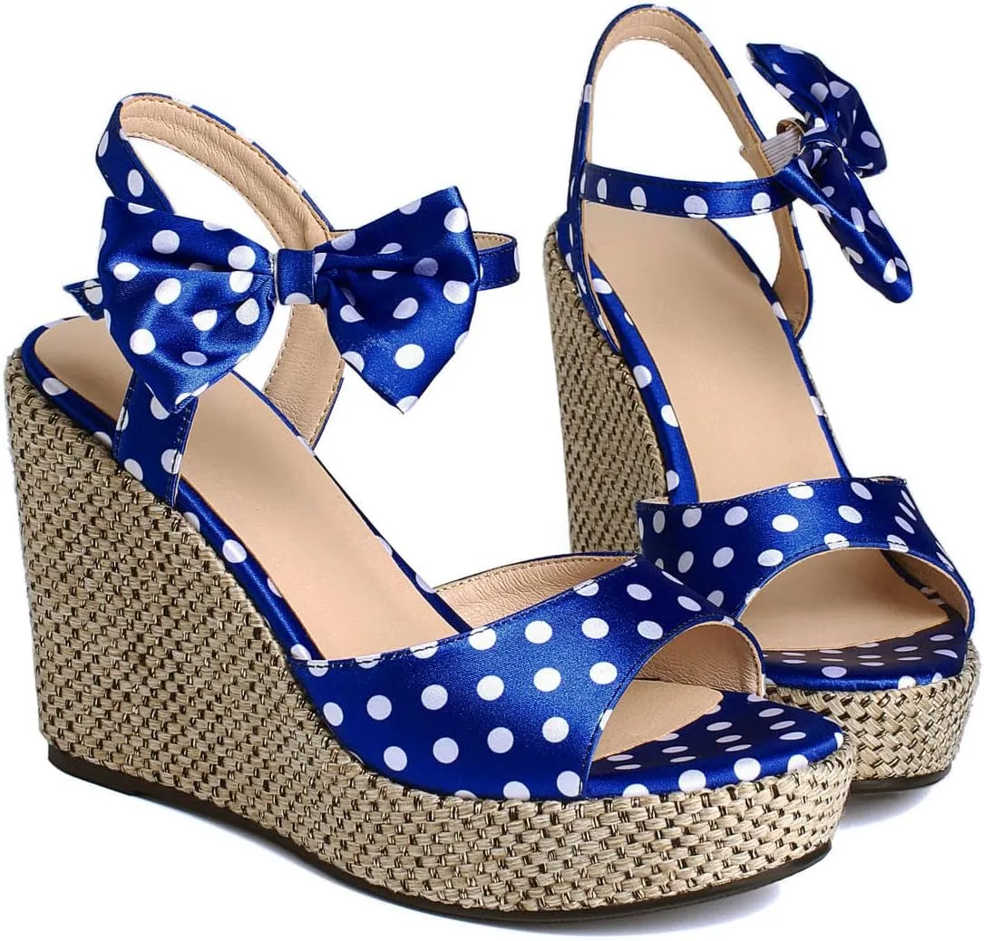 Caradise Womens Polka Dot Wedge Bow Platform Sandals Peep Toe Ankle Strap Heels