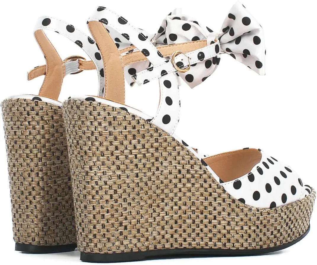 Caradise Womens Polka Dot Wedge Bow Platform Sandals Peep Toe Ankle Strap Heels