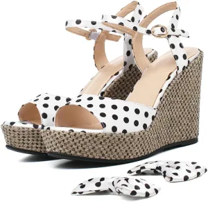 Caradise Womens Polka Dot Wedge Bow Platform Sandals Peep Toe Ankle Strap Heels