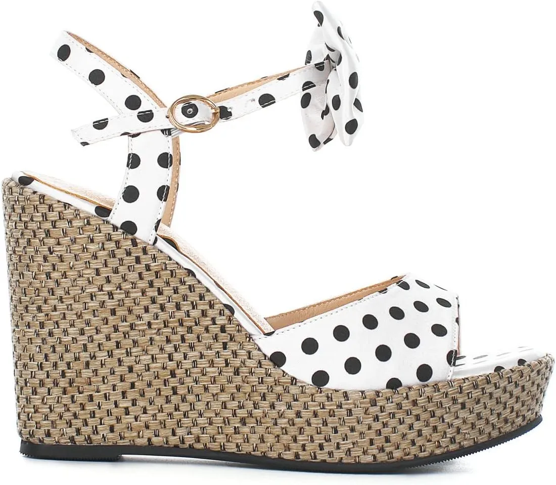Caradise Womens Polka Dot Wedge Bow Platform Sandals Peep Toe Ankle Strap Heels