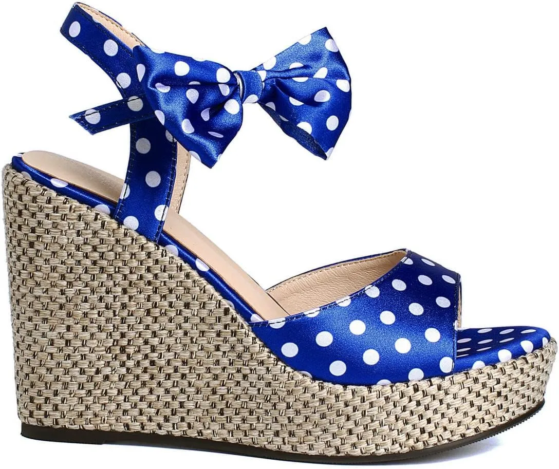 Caradise Womens Polka Dot Wedge Bow Platform Sandals Peep Toe Ankle Strap Heels
