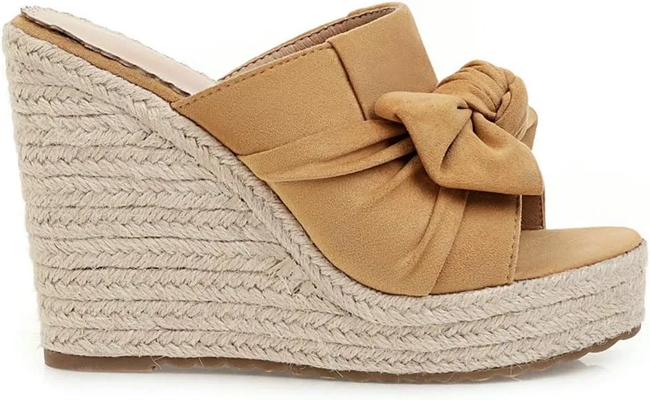 Caradise Womens Wedge Peep Toe Heeled Mules with Bow Platform Espadrille Sandals