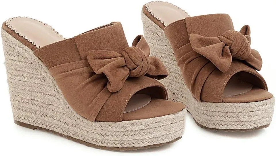 Caradise Womens Wedge Peep Toe Heeled Mules with Bow Platform Espadrille Sandals
