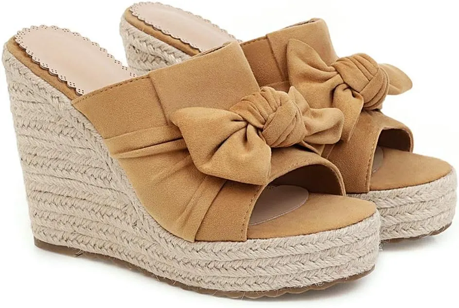 Caradise Womens Wedge Peep Toe Heeled Mules with Bow Platform Espadrille Sandals