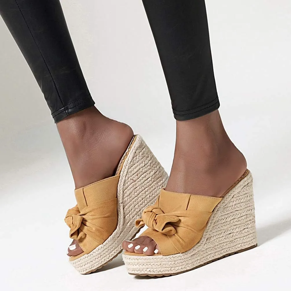 Caradise Womens Wedge Peep Toe Heeled Mules with Bow Platform Espadrille Sandals
