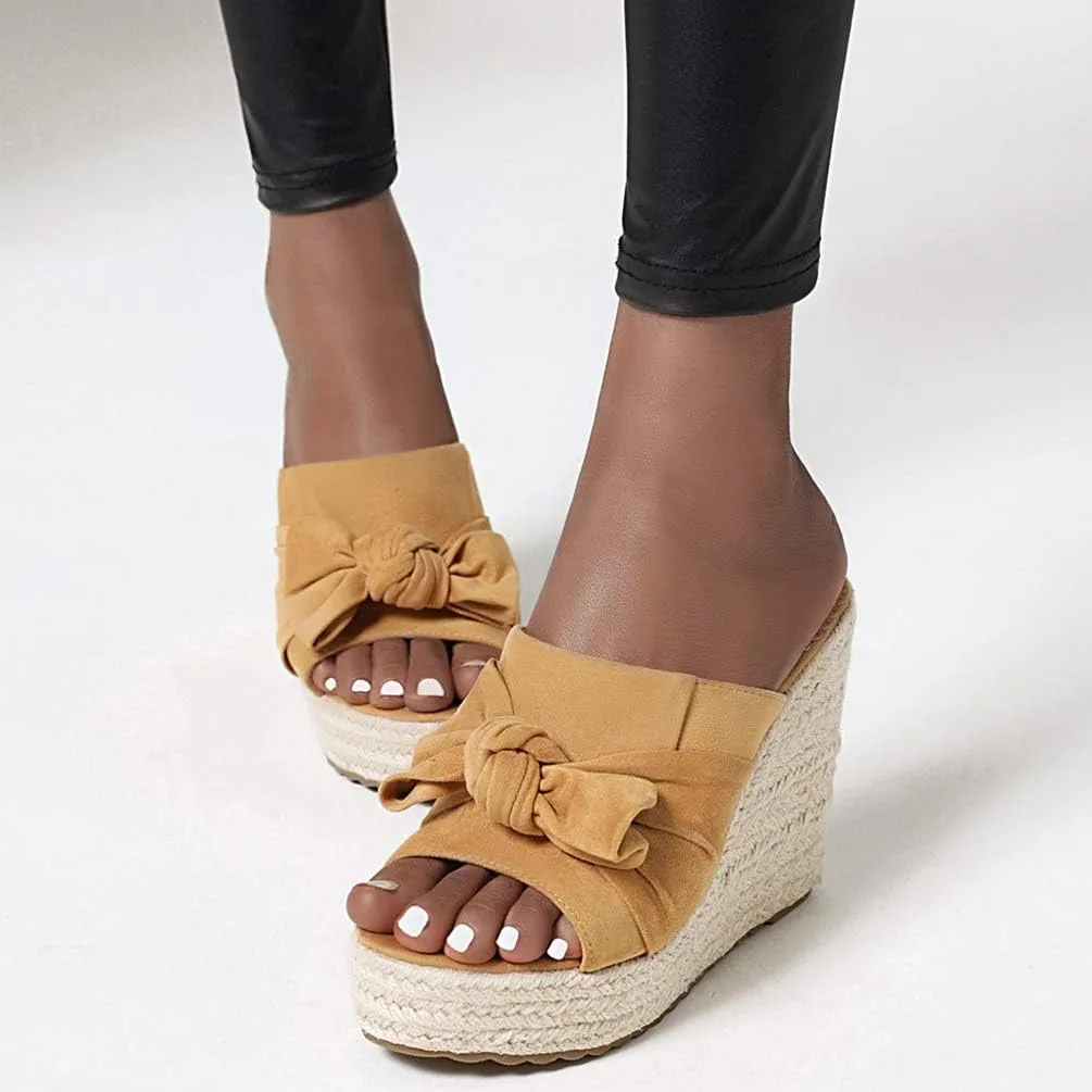 Caradise Womens Wedge Peep Toe Heeled Mules with Bow Platform Espadrille Sandals