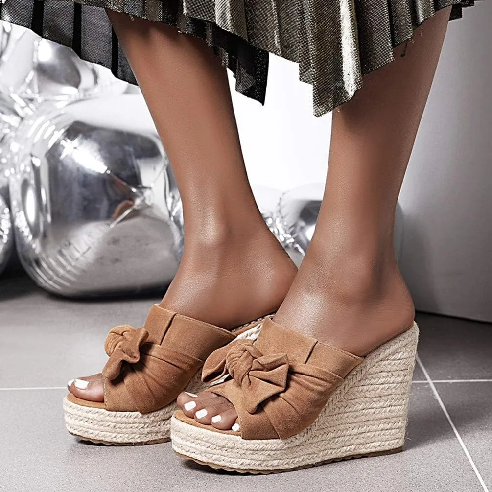 Caradise Womens Wedge Peep Toe Heeled Mules with Bow Platform Espadrille Sandals