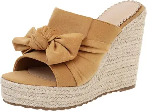 Caradise Womens Wedge Peep Toe Heeled Mules with Bow Platform Espadrille Sandals