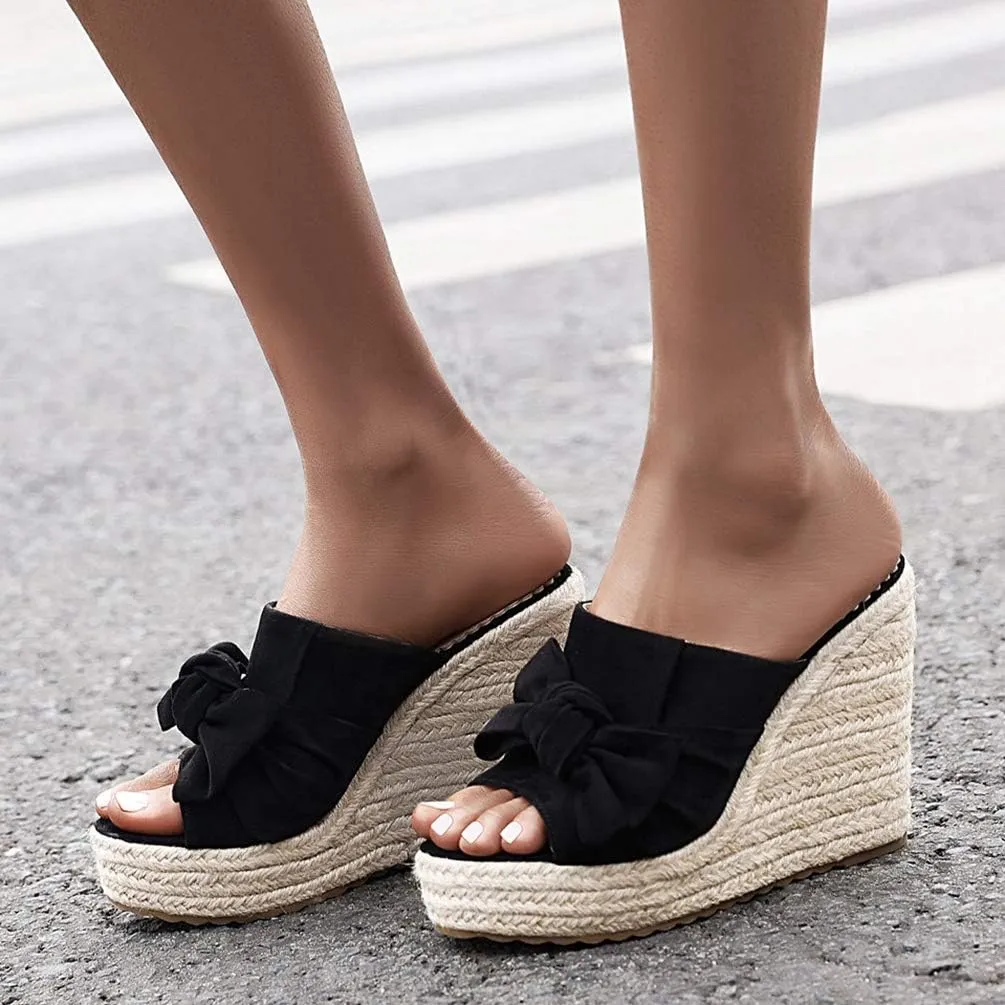 Caradise Womens Wedge Peep Toe Heeled Mules with Bow Platform Espadrille Sandals