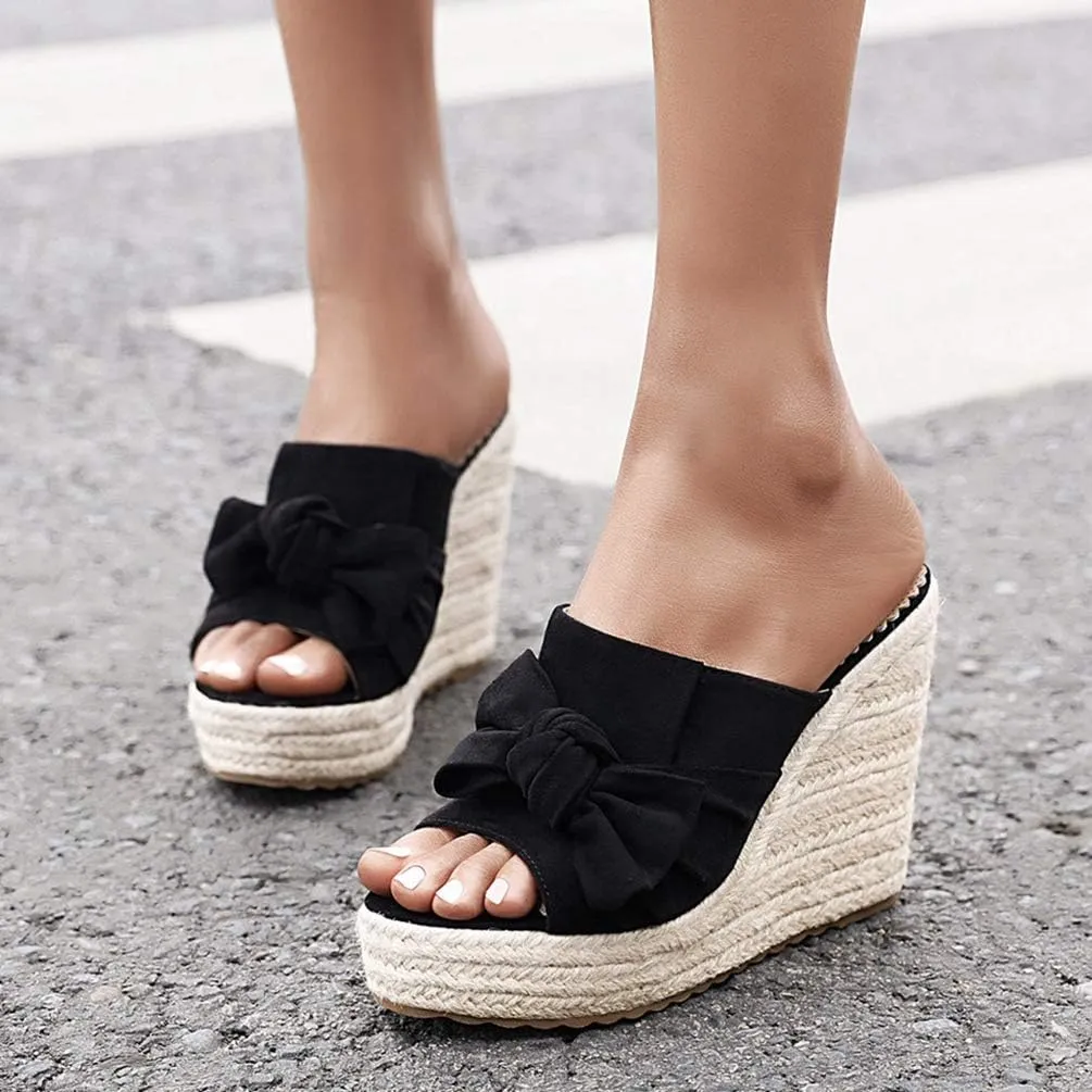 Caradise Womens Wedge Peep Toe Heeled Mules with Bow Platform Espadrille Sandals