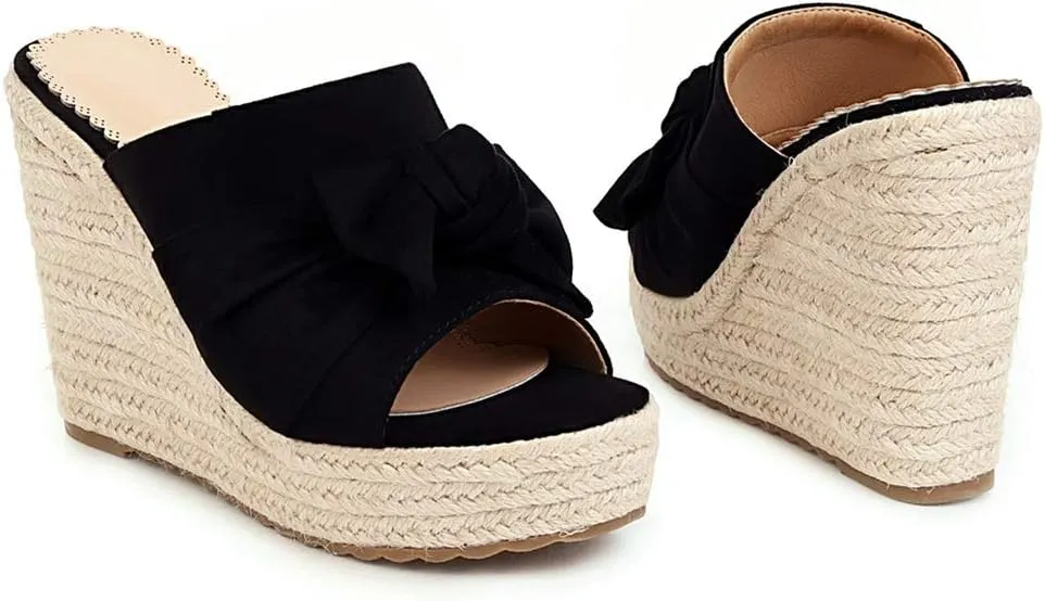 Caradise Womens Wedge Peep Toe Heeled Mules with Bow Platform Espadrille Sandals