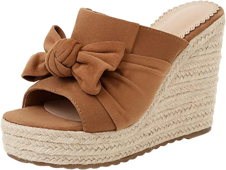Caradise Womens Wedge Peep Toe Heeled Mules with Bow Platform Espadrille Sandals