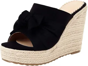 Caradise Womens Wedge Peep Toe Heeled Mules with Bow Platform Espadrille Sandals
