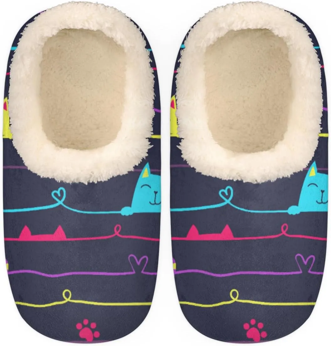 Cartoon Cats Kitten Women's Slippers, Stripe Line Non-Slip House Slipper Socks, Plush Lined Slippers Shoes for Girls Boys Teens Indoor Bedroom