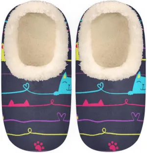 Cartoon Cats Kitten Women's Slippers, Stripe Line Non-Slip House Slipper Socks, Plush Lined Slippers Shoes for Girls Boys Teens Indoor Bedroom