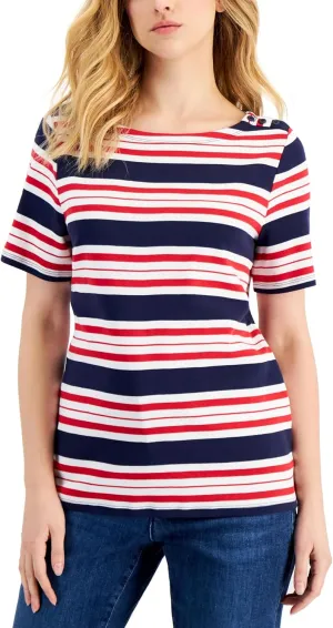 Charter CIub Womens Cotton Striped Top Intrepid Blue Combo L