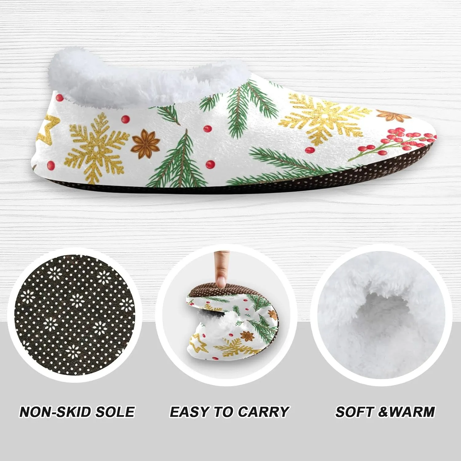 Christmas Snowflakes Home Slippers Star Anise Spruce Branches Berry Spa Travel House Slipper Soft Memory Foam Slipper Non Slip for Women Men Hotel Bedroom Shoes Slippers M