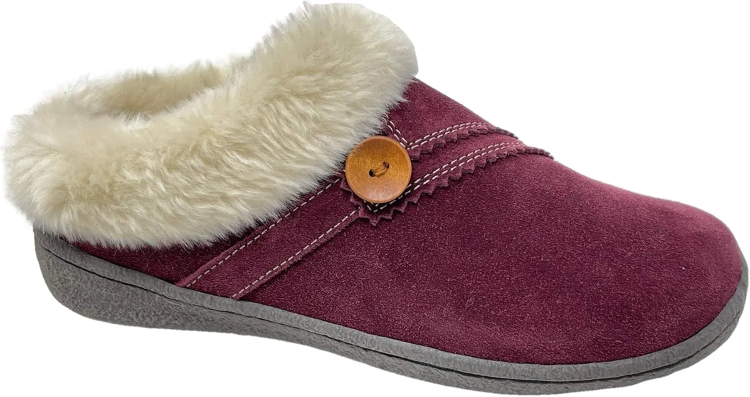Clarks Womens Suede Leather Clog Slipper JMS0411B - Warm Plush Faux Fur Lining - Indoor Outdoor House Slippers For Women (9 M US, Burgundy)