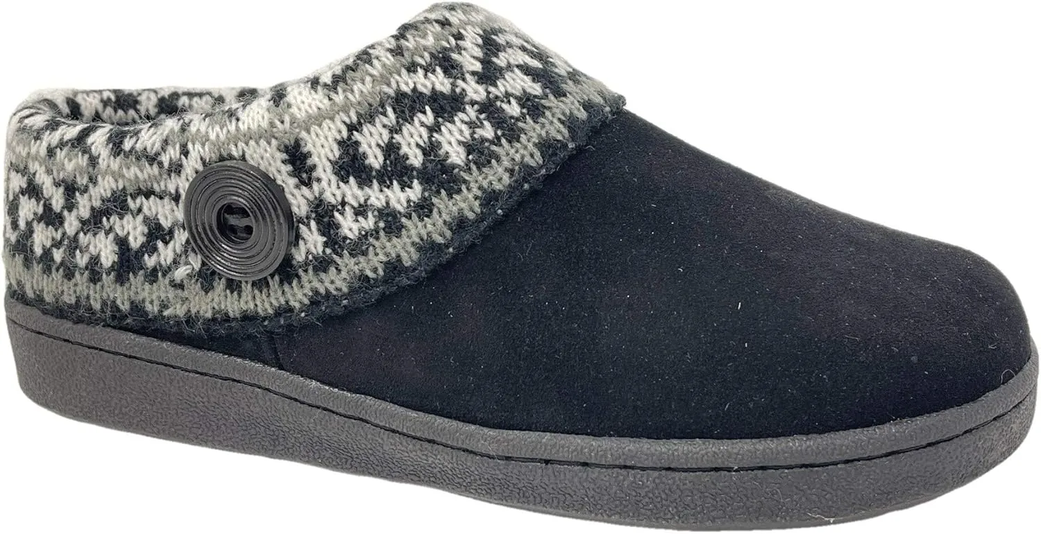 Clarks Womens Suede Leather Comfort Clog Knitted Collar Slipper - Plush Faux Fur Trim - Indoor Outdoor House Slippers For Women (9 M US, Black/Grey Multi)