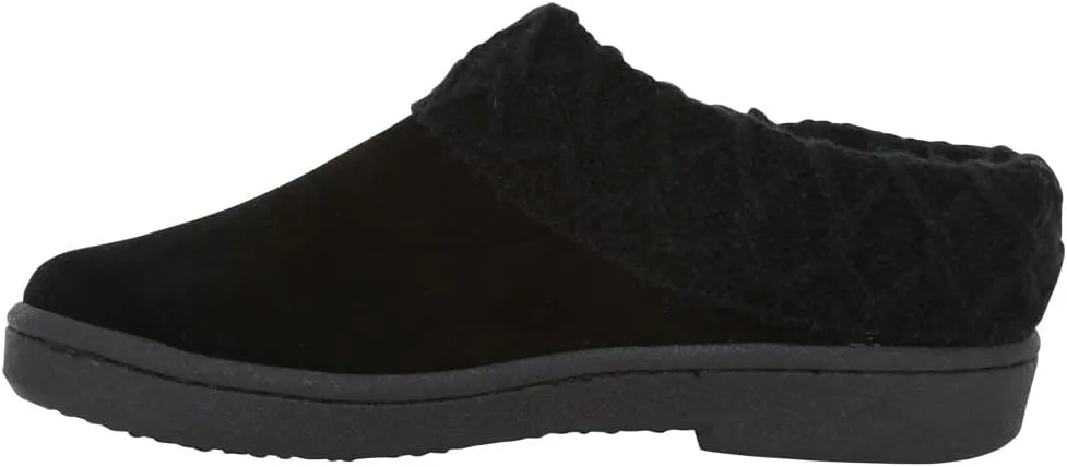 Clarks Womens Suede Leather Comfort Clog Knitted Collar Slipper - Plush Faux Fur Trim - Indoor Outdoor House Slippers For Women (Black/Black 8M)