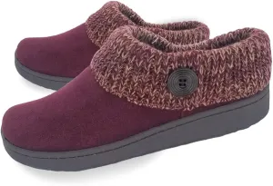 Clarks Womens Suede Leather Comfort Clog Knitted Collar Slipper - Plush Faux Fur Trim - Indoor Outdoor House Slippers For Women (Burgundy/Beige 10M)