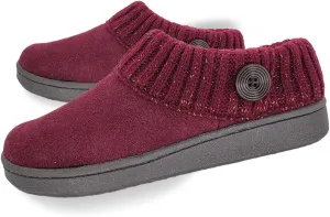 Clarks Womens Suede Leather Comfort Clog Knitted Collar Slipper - Plush Faux Fur Trim - Indoor Outdoor House Slippers For Women (Burgundy/Burgundy Gold 8M)