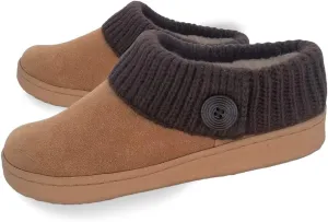 Clarks Womens Suede Leather Comfort Clog Knitted Collar Slipper - Plush Faux Fur Trim - Indoor Outdoor House Slippers For Women (Cinnamon/Brown 11M)