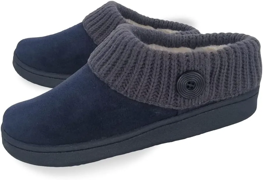 Clarks Womens Suede Leather Comfort Clog Knitted Collar Slipper - Plush Faux Fur Trim - Indoor Outdoor House Slippers For Women (Navy/Grey 10M)