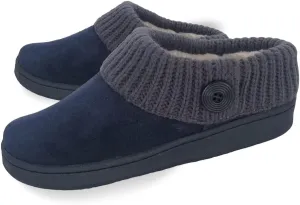 Clarks Womens Suede Leather Comfort Clog Knitted Collar Slipper - Plush Faux Fur Trim - Indoor Outdoor House Slippers For Women (Navy/Grey 10M)