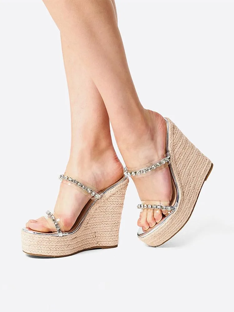 Clear Two Bands With Rhinestones Open-toe Slip-on Espadrille Wedge Sandals