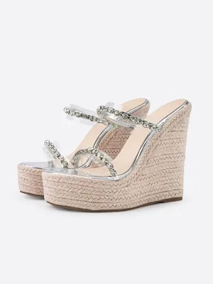 Clear Two Bands With Rhinestones Open-toe Slip-on Espadrille Wedge Sandals